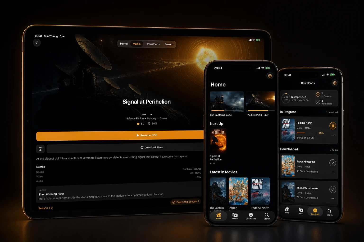 Cue Home, Downloads and series details shown on two iPhones and an iPad