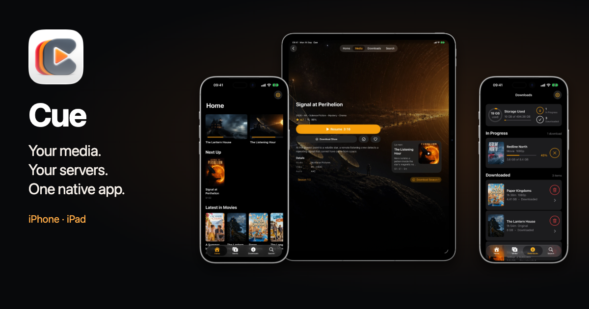 Cue Home, Downloads and series details on two iPhones and an iPad