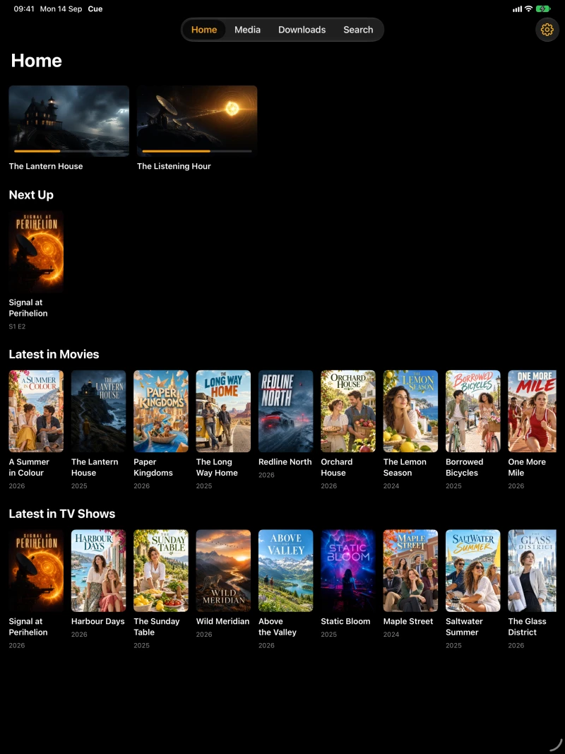 Cue home screen with Continue Watching, Next Up and recently added media on iPad