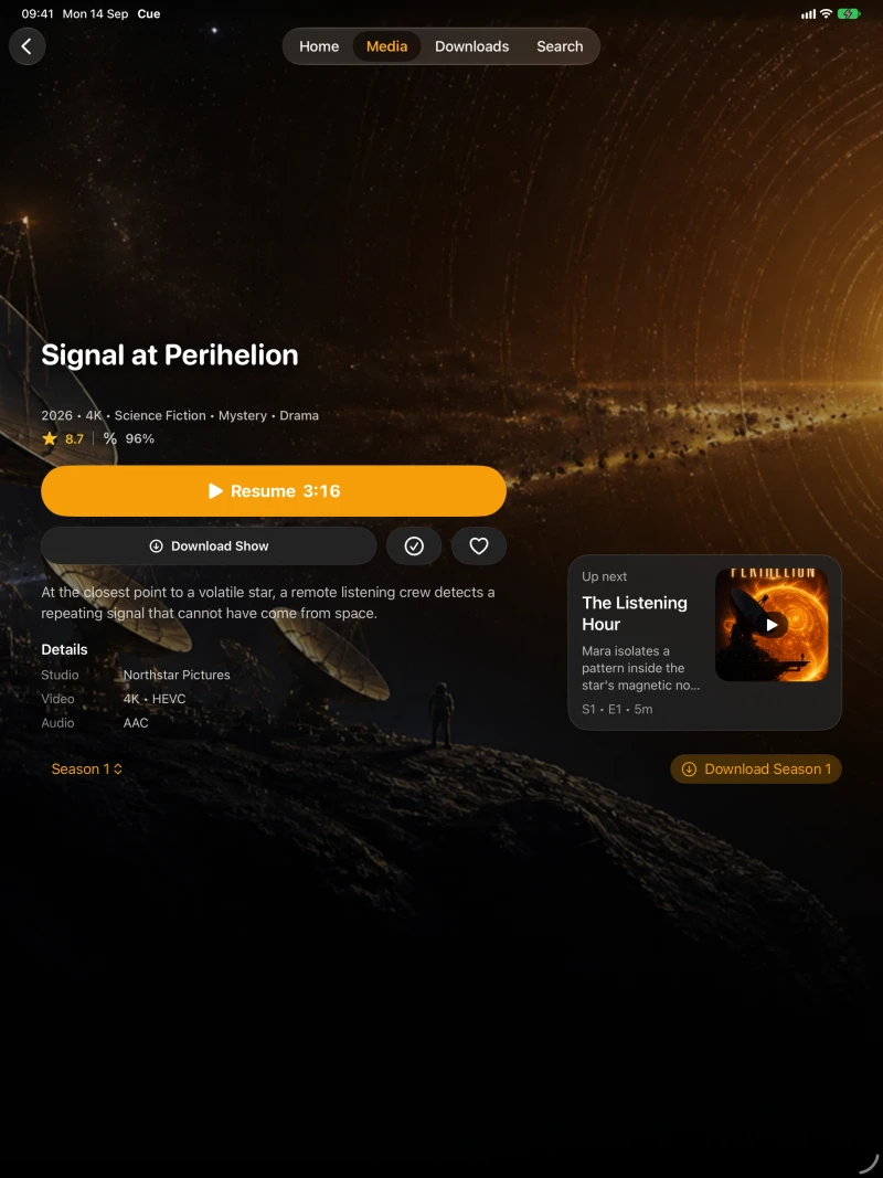 Cue Signal at Perihelion series details, playback and season downloads on iPad