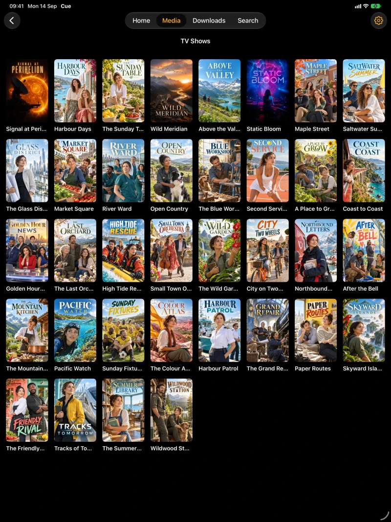 Cue television library with poster artwork on iPad