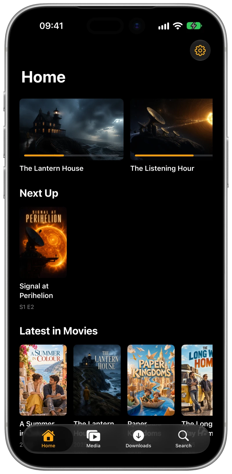 Cue home screen with Continue Watching, Next Up and recently added media on iPhone