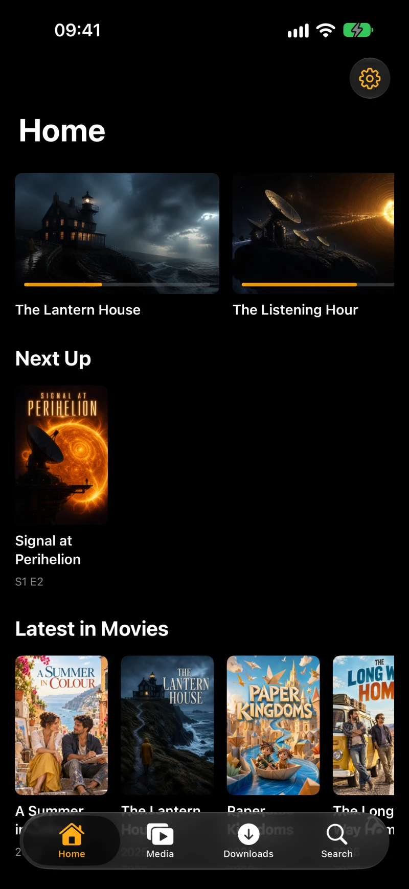 Cue home screen with Continue Watching, Next Up and recently added media on iPhone